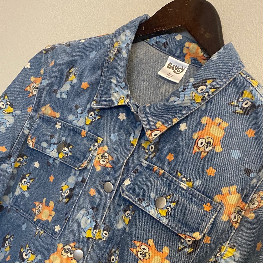 Bluey Kids Button Front Denim Jacket Bluey, Bingo, & Stars All-Over Print XL(14)